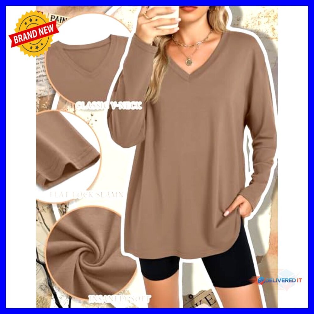 3 Pack Women's Oversized Long Sleeve V-Neck Cotton T-Shirts Loose Fit - Picture 5 of 7